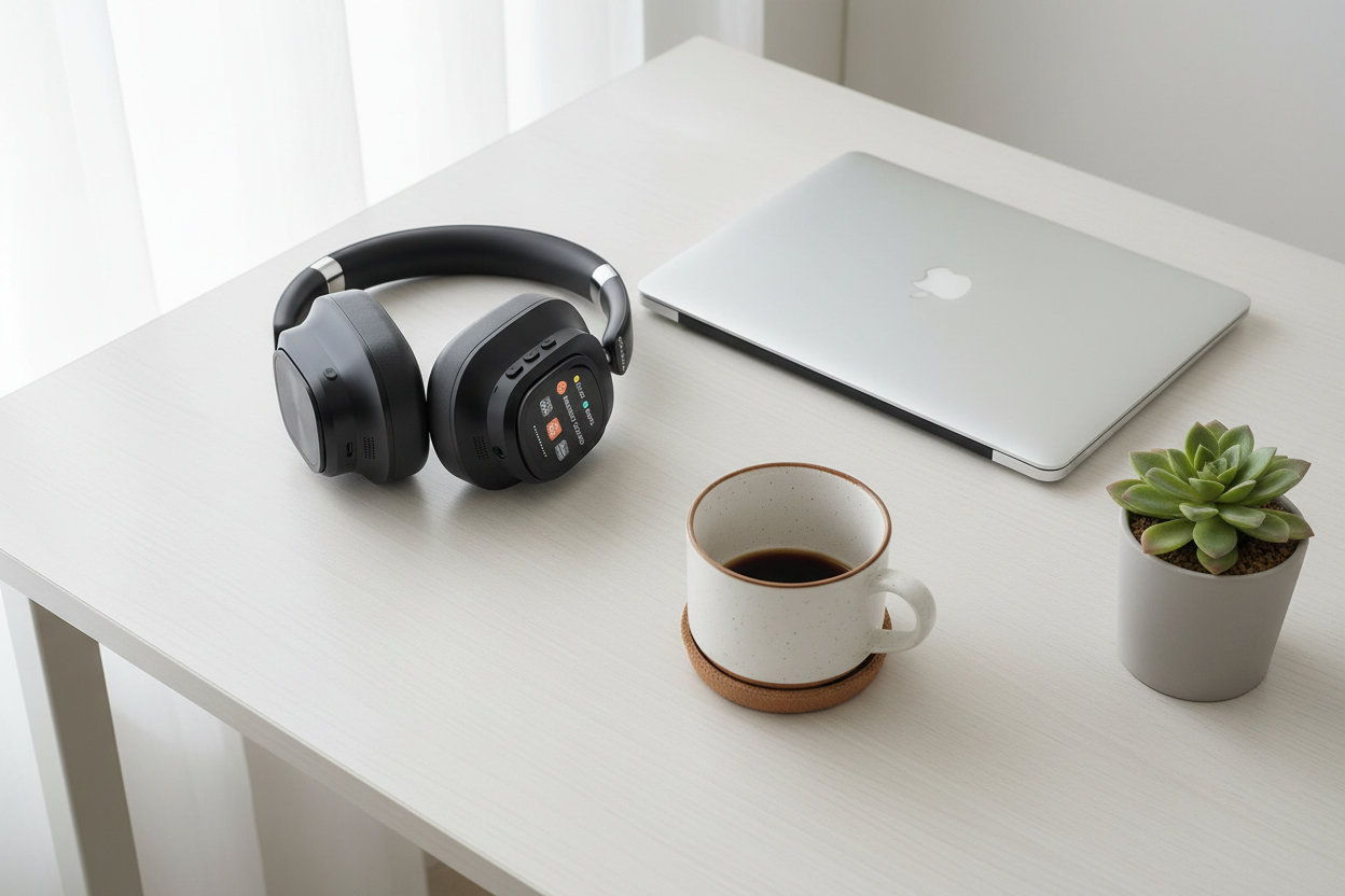 Hybrid ANC wireless headphones on a minimal white desk with laptop and coffee cup