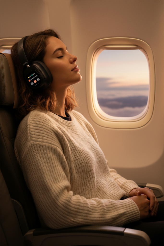 Hybrid wireless headphones foldable design packed in travel bag airplane seat