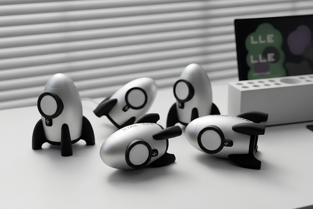 DSARD collection of metal Apple Watch charging stands arranged on a modern desk surface
