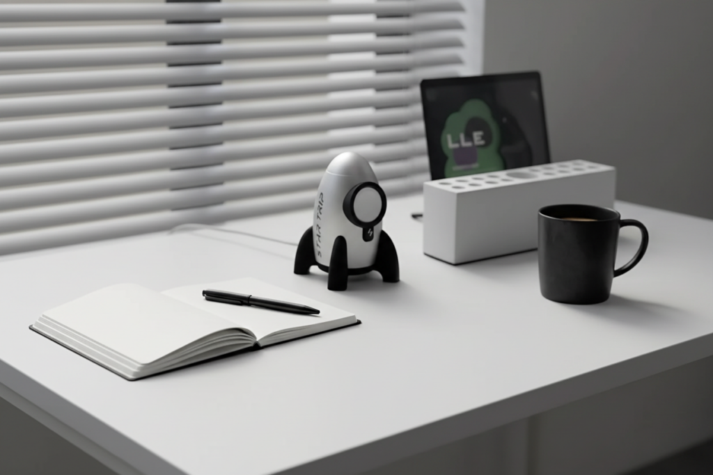 Modern minimalist home office desk with rocket Apple Watch stand, notebook, and coffee mug