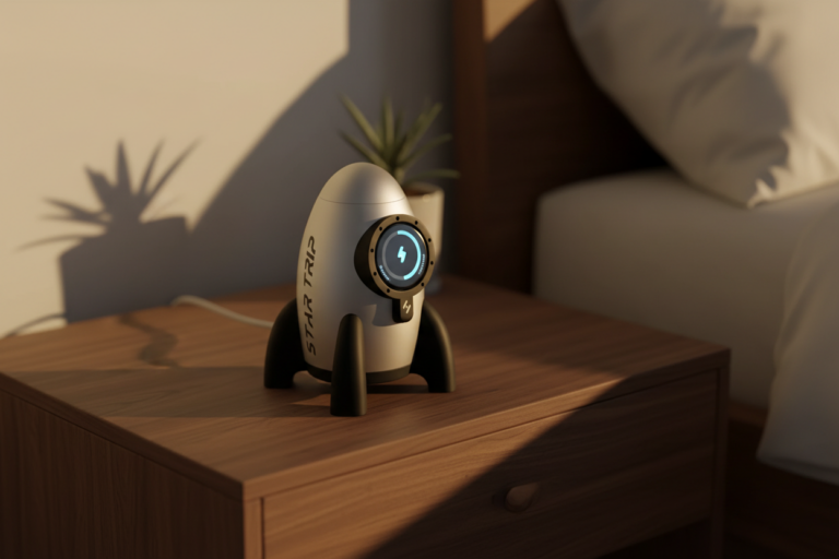 Rocket shaped Apple Watch charging stand on a modern wooden nightstand with warm ambient lighting