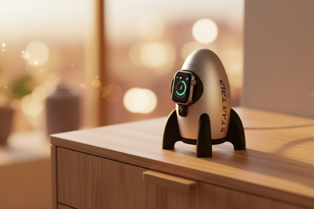 Rocket shaped Apple Watch charging stand on a modern wooden nightstand with warm ambient lighting