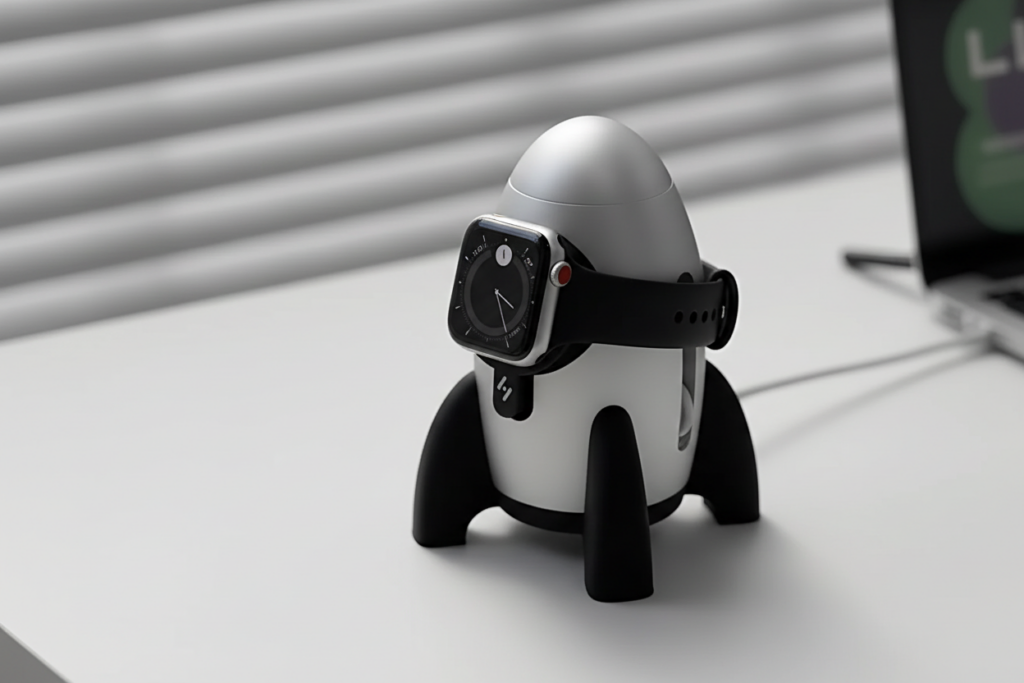 Aluminum rocket shaped Apple Watch stand with cable management channel on a white desk surface