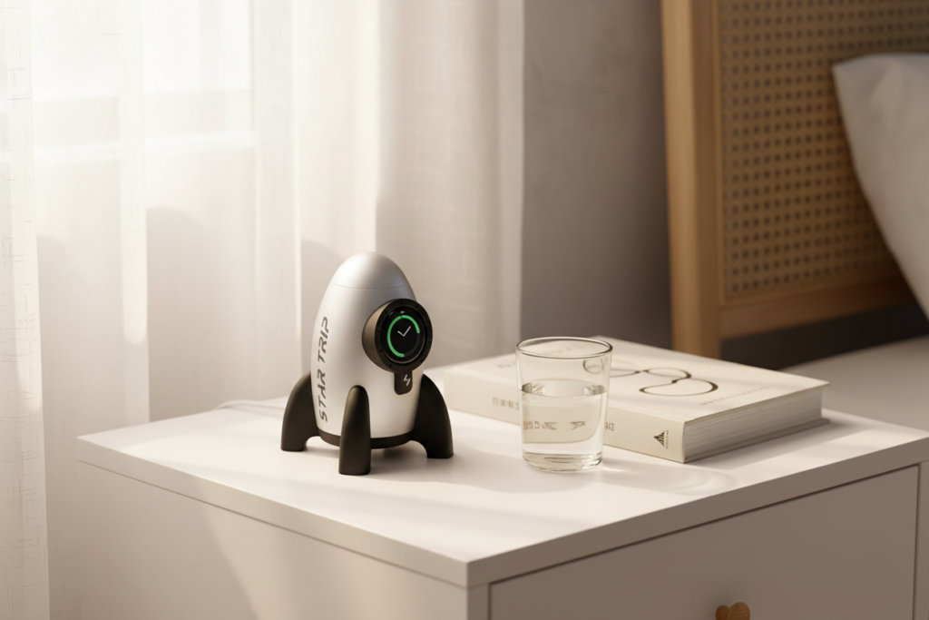 Rocket Apple Watch charging dock on a minimalist nightstand beside a book and glass of water