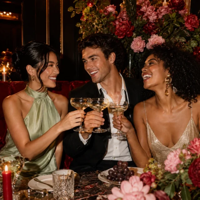 Friends toasting with champagne at an elegant black-tie themed party with floral decor