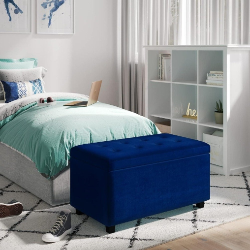 Blue velvet storage ottoman bench with tufted top in modern living room