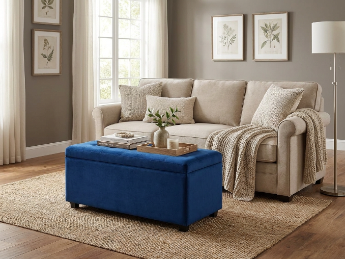 Blue velvet storage ottoman bench with tufted top in modern living room
