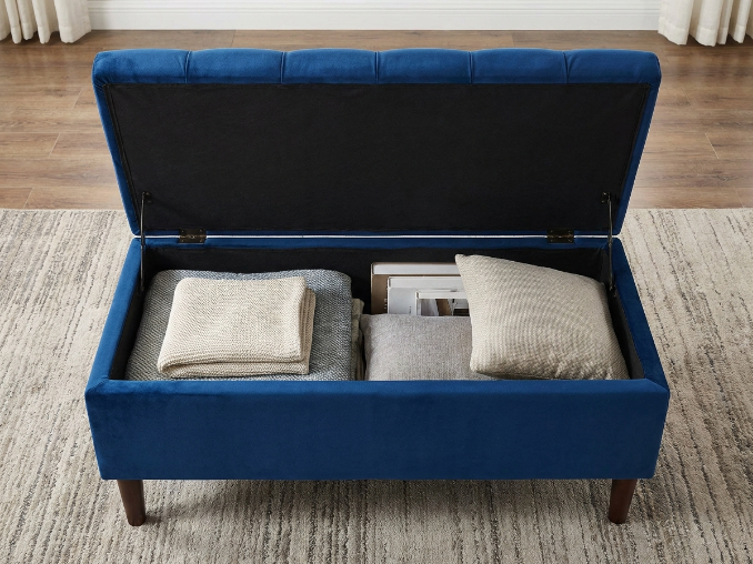 Storage ottoman bench interior with folded blankets and pillows
