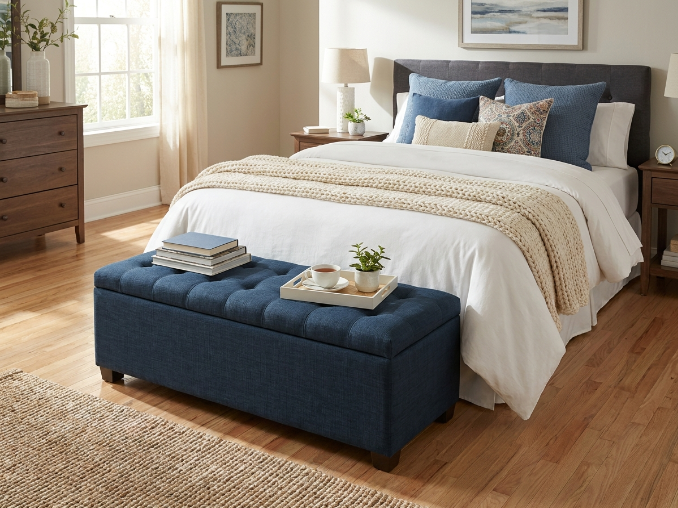 Blue velvet ottoman bench styled at foot of bed in bedroom
