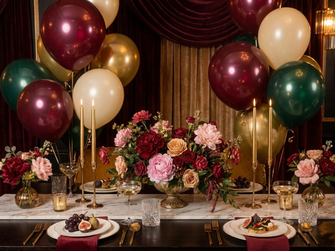 gender reveal party kit table setup with themed decorations