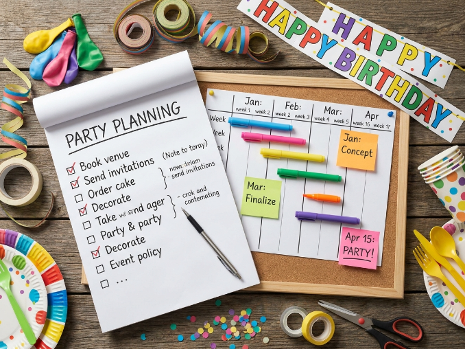 boxed birthday party kit checklist and setup timeline.